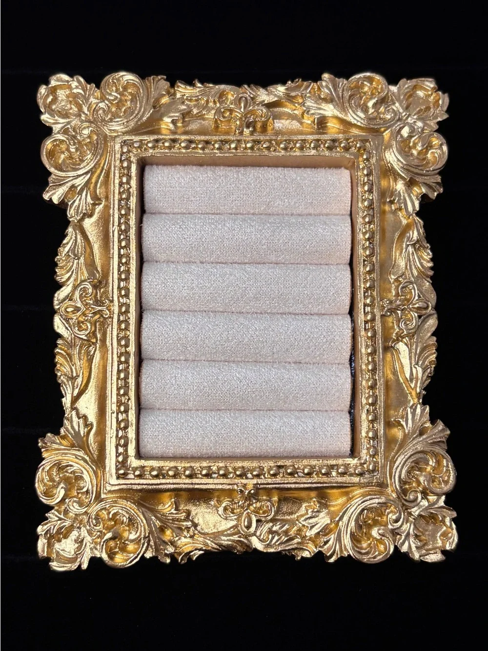 Ornate Ring Holder; Gold Jewelry Display Frame with Cream Velvet Inserts